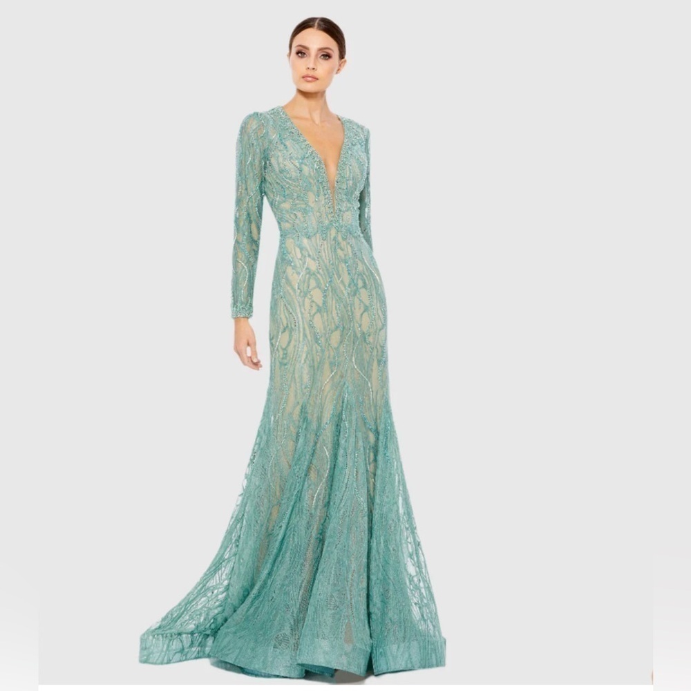 Mac Duggal Beaded Illusion Long Sleeve Plunge Neck Gown size 4 sold out… - Picture 3 of 15